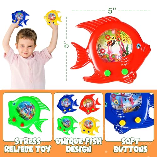 Fish Water Ring Toss Toy - (Pack of 12) Water Ring Game Handheld Fun Aqua Arcade Retro Game Pocket Travel Toys for Car Roa...