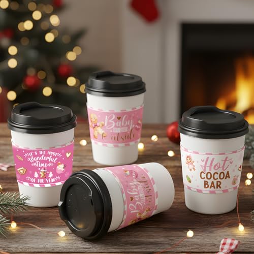 Disposable Coffee Cup Sleeves, 36 Pcs Pink Hot Cocoa Bar Paper Tumbler Sleeves for Hot Cold Drinks, Vintage Christmas Deco...