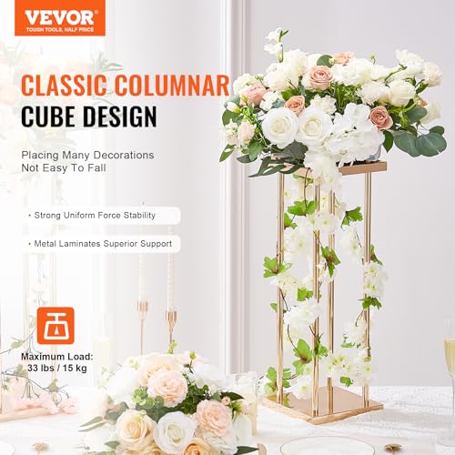 VEVOR 4PCS Gold Metal Column Wedding Flower Stand, 23.6inch /60cm High with Metal Laminate, Vase Geometric Centerpiece Sta...
