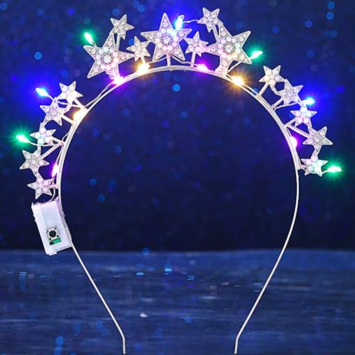 DRESBE Light Up Star Headband New Year LED Rhinestone Headbands Glow NYE Party Hair Accessories for Women (Silver)