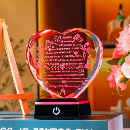 YWHL 50th Anniversary Crystal Gifts with Colorful LED Base Happy 50th Wedding Anniversary Heart Gift for Couples 50 Years of Marriage Gifts for Parents Husband Wife