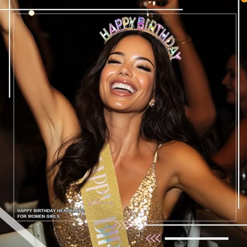 Aceorna Light Up Birthday Headband LED Gold Rhinestone Happy Birthday Crown and Sash Glitter Accessory Set for Women