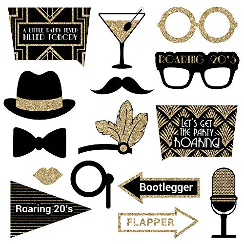 Fully Assembled Roaring 20s Photo Booth Props - Set of 30 - Black & Gold Glitter Selfie Signs - Great Gatsby Themed Party ...