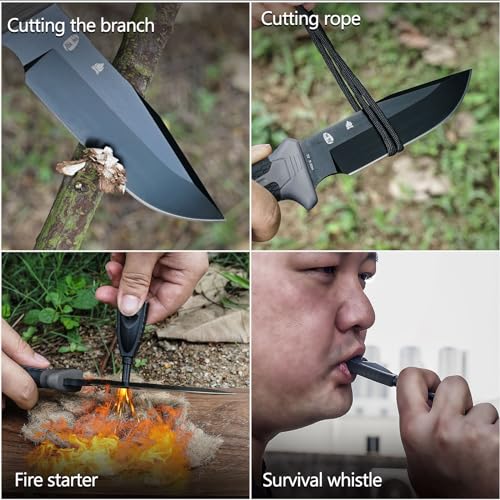 HX OUTDOORS Extra Sharp Bushcraft Knife with Fire Starter, Premium D2 Steel Fixed Blade Survival Camping Knife with Ferro ...