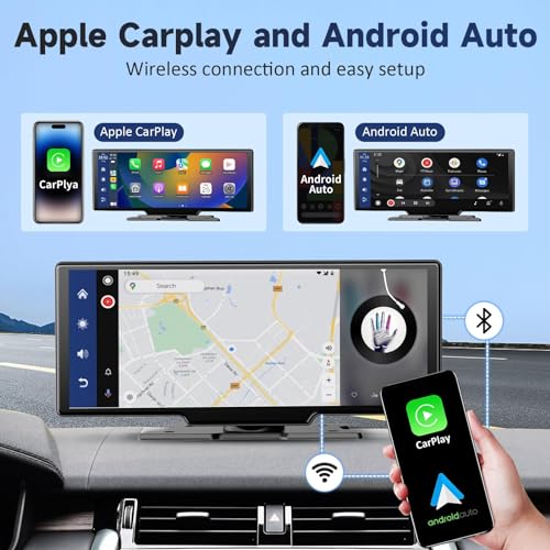 Wireless Portable Carplay Screen for Car - 10.26Inch Carplay & Android Auto Car Touch Stereo, with 4K Dash Cam, Backup Cam...