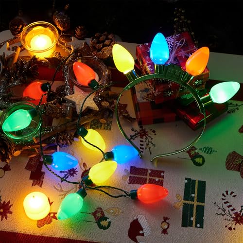 JOYIN 6 Pcs Christmas Light Up Headband and Necklace with 6 Flashing Modes, LED Christmas Bulb Lights Necklace Headband fo...