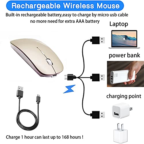 PeiBO Bluetooth 5.2 Wireless Mouse, Gold, Rechargeable, Ergonomic Design, Compatible with Laptops and Tablets