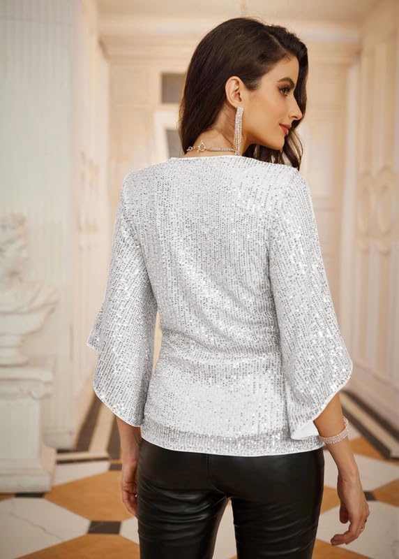GRACE KARIN Womens Sparkly Sequin Tops,3/4 Sleeve Glitter Party Dressy Blouse,V-Neck Disco Evening Club Concert Shirt