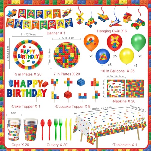 173 PCS Building Block Birthday Party Decorations - Plates, Napkins, Cups, Cutlery, Cake & Cupcake Toppers, Banner, Hangin...