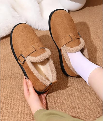 Women's Faux Suede Fuzzy Lined Loafers, Buckle Decor Slip-On Comfortable Warm Casual Shoes for Winter