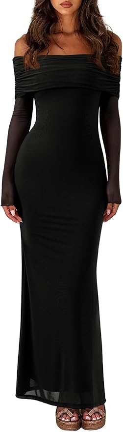 REORIA Women Off Shoulder Long Sleeve Dress Elegant Sexy Stretch Mesh Double Lined Slim Trendy Long Dresses