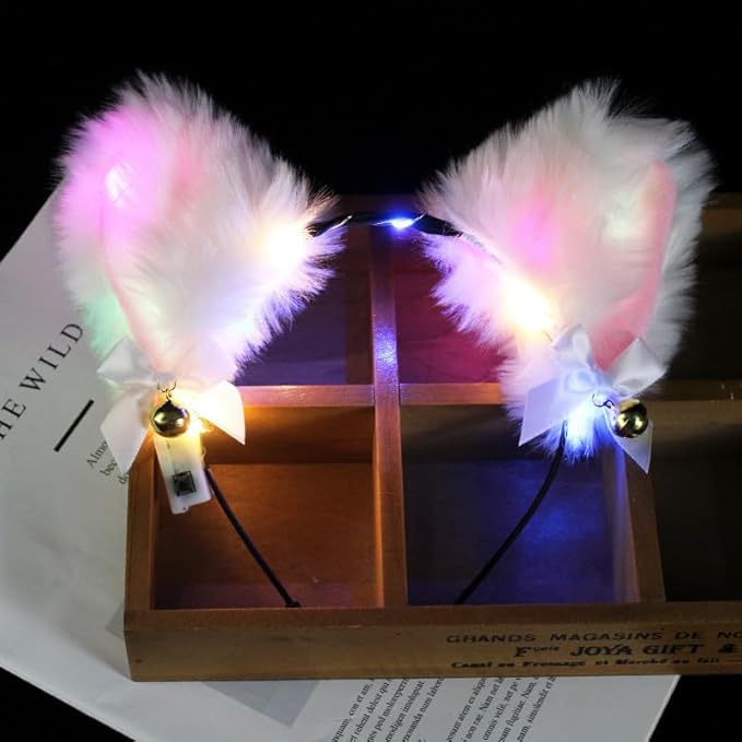 YOVECATHOU Light Up Headband Cat Ears With Bell Furry Headband Rave Accessories For Women Girls Valentine's Day Party Costume