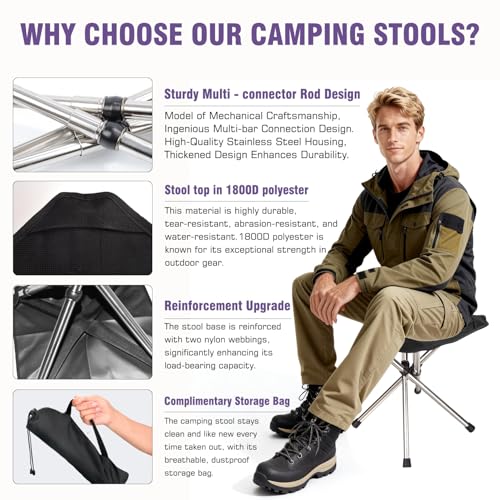 JVZI Ultra-Lightweight Camping Stoo - 260lbs Capacity | 13.8in Expanded Height | 1.2lbs Ultra-Light & Waterproof | 1-Pull ...