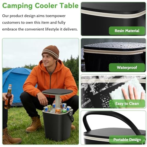 EasyUp Camping Cooler, Weatherproof & Insulated Cooler Side Table with Lift Top Lid, Resin Bar Table with Convenient Handl...