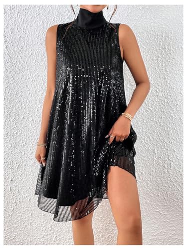 Floerns Women's Contrast Sequin Sleeveless Tank Dress High Neck Bow Shiny Party Dress