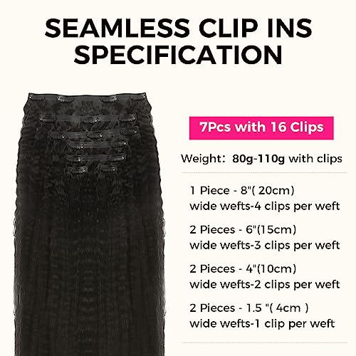 Lashey Hair Extensions Seamless Clip in Real Human Hair Natural Black 18 Inch 110g 7Pcs Kinky Staight Human Hair Extensions Skin Weft Remy Hair for Black Women
