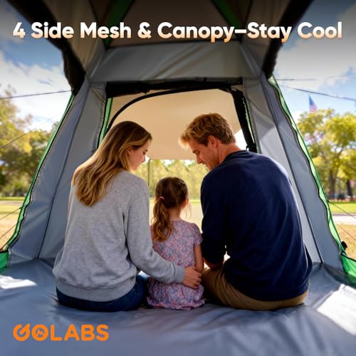Golabs 2-3 Person Camping Tent w/ 9.5x8.5 ft Canopy, 3-Minute Setup by Pre-Attached Pole, PU1500mm Waterproof, 4 Side Mesh...