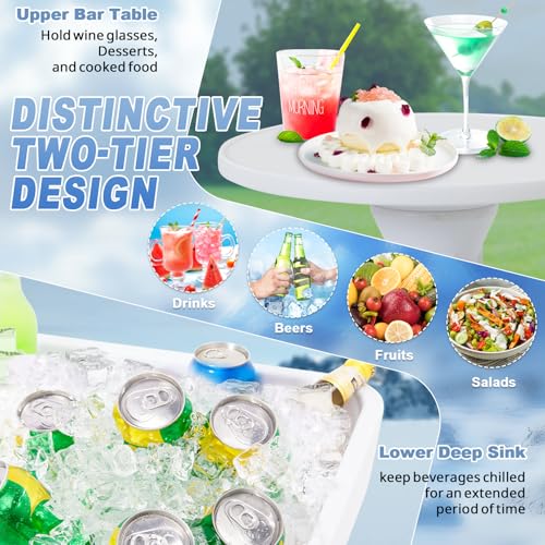 Haddockway Two-Tier Ice Cooler Table, Square Ice Tables for Parties with Drain, Removable Matching Skirt & Rounded Tray, F...
