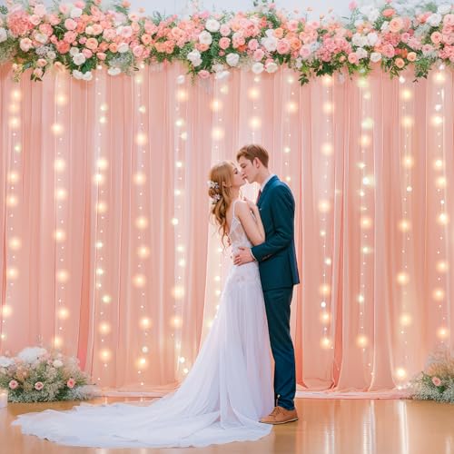 Wish Care 10ft x 10ft Baby Pink Chiffon Backdrop Curtain with Lights String for Parites Wedding Wrinkle Free Curtain Photo...