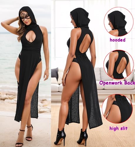 Aucute Sexy Goth Outfit for Women, Sheer Sleeveless Punk Streetwear Rave Festival Dress, Hollow Out Split Hooded Dresses