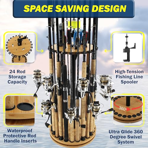 Rush Creek Creations 24-Rod Round Spinning Fishing Pole Holder with Built-in Line Spooler, 360° Access Fishing Rod Holder ...