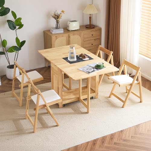 VINGLI 5-Piece Folding Dining Table Set, Extendable Drop Leaf Solid Wood Table with 4 Chairs, Drawers & Wheels, Space-Savi...