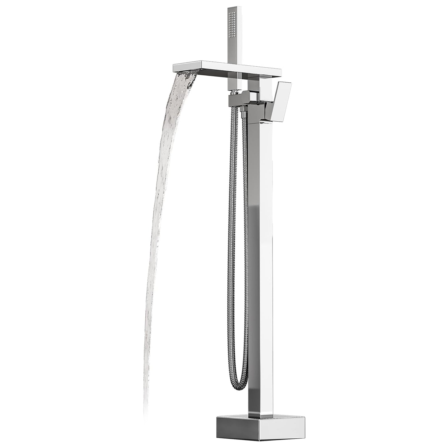 Freestanding Bathtub Faucet with Handheld Spray Single,High Flow Waterfall Bath Shower Faucet,Floor Mount Bathtub Faucet Swivel Flat Waterfall Spout Polished Chrome
