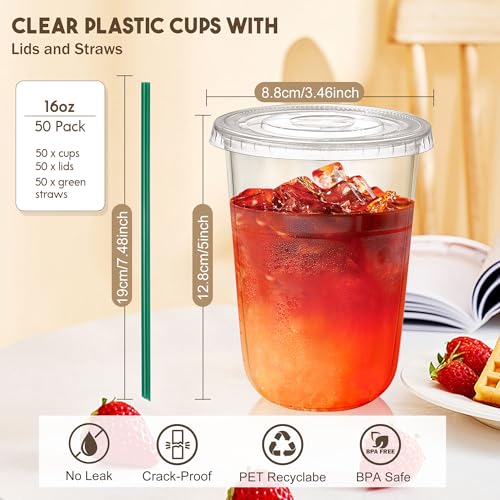 KesaPlan 50 Sets 16 oz Plastic Cups with Lids and Straws, Clear Disposable Iced Coffee Cups for Cold Drinks Juice Milkshak...