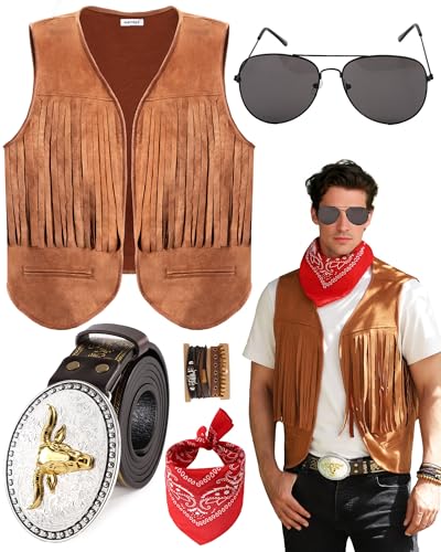PARTTELY Western Cowboy Costume Outfit for Men,Cowboy Vest Buckle Belt Accessories for Halloween Cosplay Party