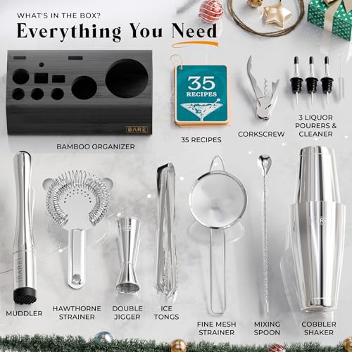 BARE BARREL® Mixology Bartender Kit Bar Set | 14-Piece Cocktail Shaker Set | Martini Barware Mixing Tools for Home Bartend...