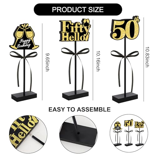 BAOOOFUL 50th Black Gold Glitter Centerpieces for 50th Birthday Table Decorations,Wood Signs Happy Fifty Years Old B-Day T...