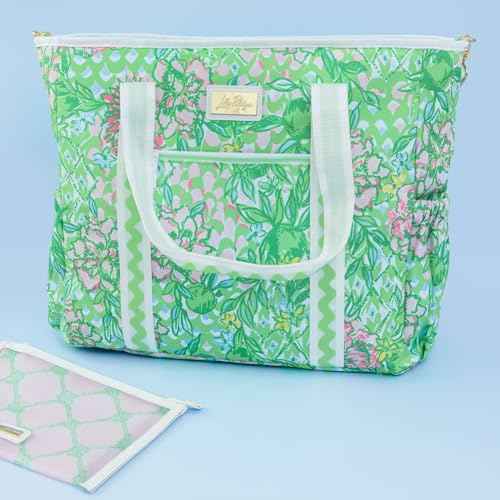 Lilly Pulitzer Green Picnic and Beach Cooler, Insulated Bag with Adjustable Shoulder Strap and Zipper, Large Soft Cooler for Groceries or Travel, Lime Feeling Good