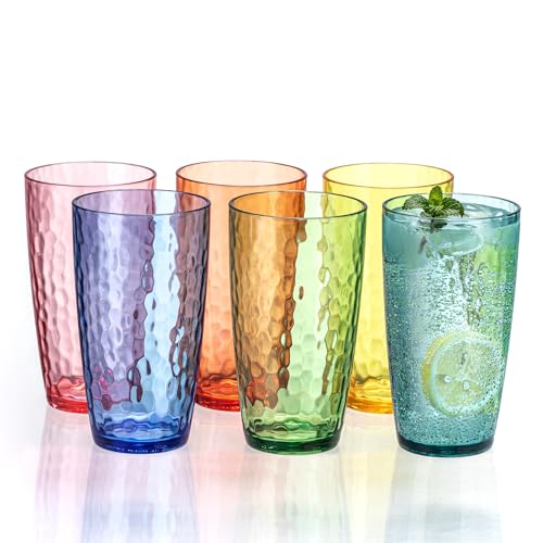 MIYOPESI 20oz Coloful Acrylic Glasses Drinkware (Set of 6), Hammered Design Shatter-Proof Plastic Cups, Reusable Plastic L...