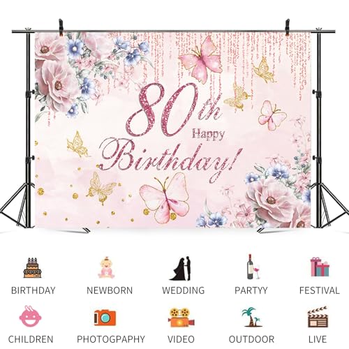 ASDCXZ 5x3ft Happy 80th Birthday Backdrop for Women Flowers Photography Background Pink Floral Golden Butterfly Grandma 80...