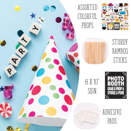 Party Photo Booth Props - 60-pc Photobooth Kit with 8 x 10-Inch Sign, 60 Adhesive Pads, 45 Sticks - Photobooth Props - Pho...
