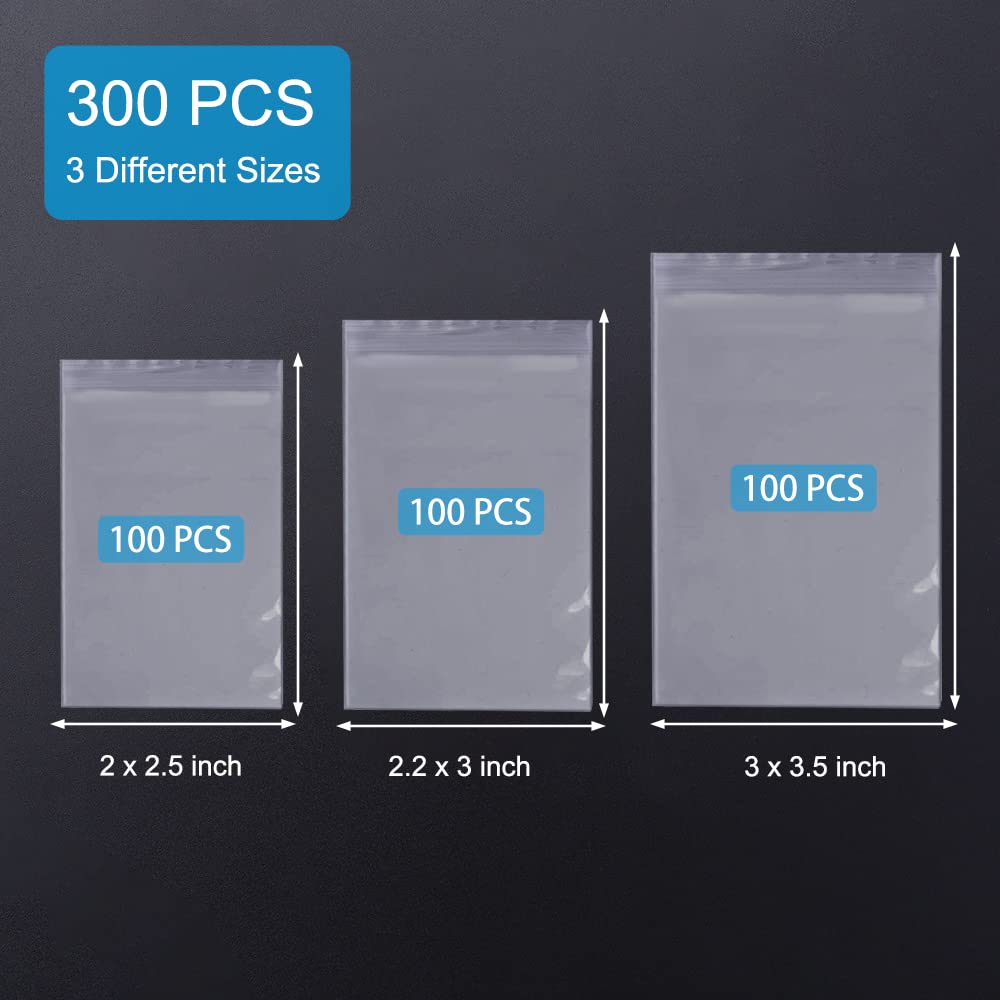 Small Plastic Bags, 300 PCS Mini Baggies, 3 Assorted Sizes, Transparent Jewelry Bag Reclosable, Clear Bag, Resealable Poly Bags for Pill, Beads, Screws, Packaging