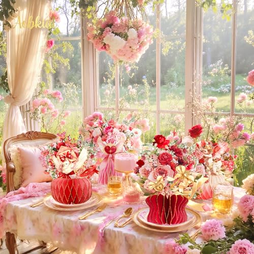 Aobkiat Valentines Day Red Party Decorations Centerpieces,Large Vase-Shaped Honeycomb Paper Decoration with Glitter Edge f...