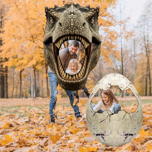 Dino Themed Photo Backdrop Set for Kids Birthday Party – Dinosaur Head and Egg Fabric Banner with Cut-Out Windows – Jungle...