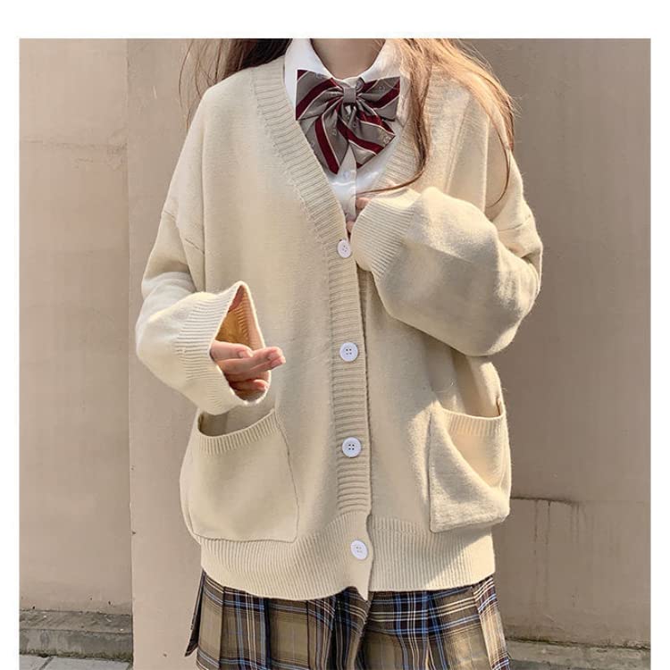 Preppy Aesthetic Clothes Cute Japanese School Sweater Kawaii Solid V-Neck Loose Knitted Cardigan JK Uniform Cosplay (M,Apricot)