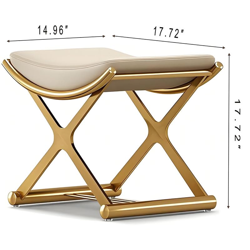 CHSSIH Vanity Stool Chair for Makeup - Small Backless Leather Stool for Vanity - Modern Ottoman Bench Seat with Metal X Legs, Footstool for Bathroom & Living Room - Gold