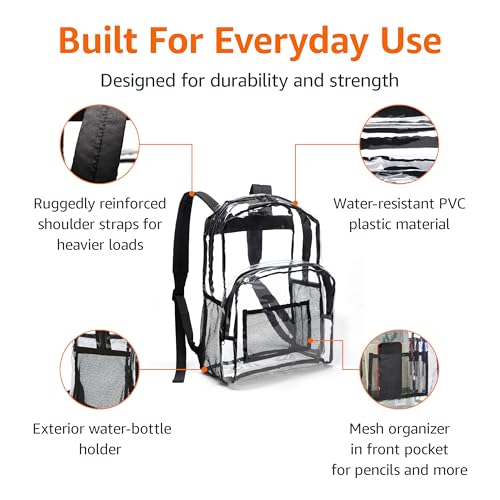 Amazon Basics Transparent School Backpack, With Water-Resistant PVC Plastic Material and Ruggedly Reinforced Shoulder Stra...