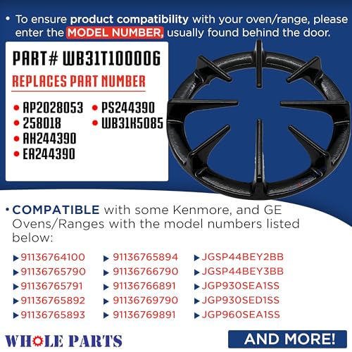 Whole Parts Range Burner Grate Part# WB31T10006- Replacement & Compatible with Some Kenmore and GE Ranges or Ovens