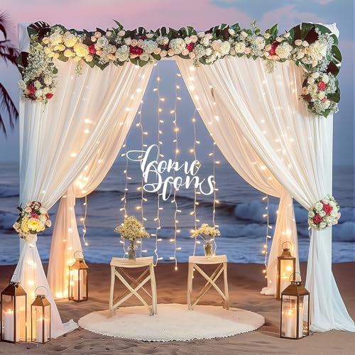 Wish Care 10x10ft White Backdrop Curtains with Lights String for Parties Wrinkle Free White Curtains Soft Fabric Photo Dra...
