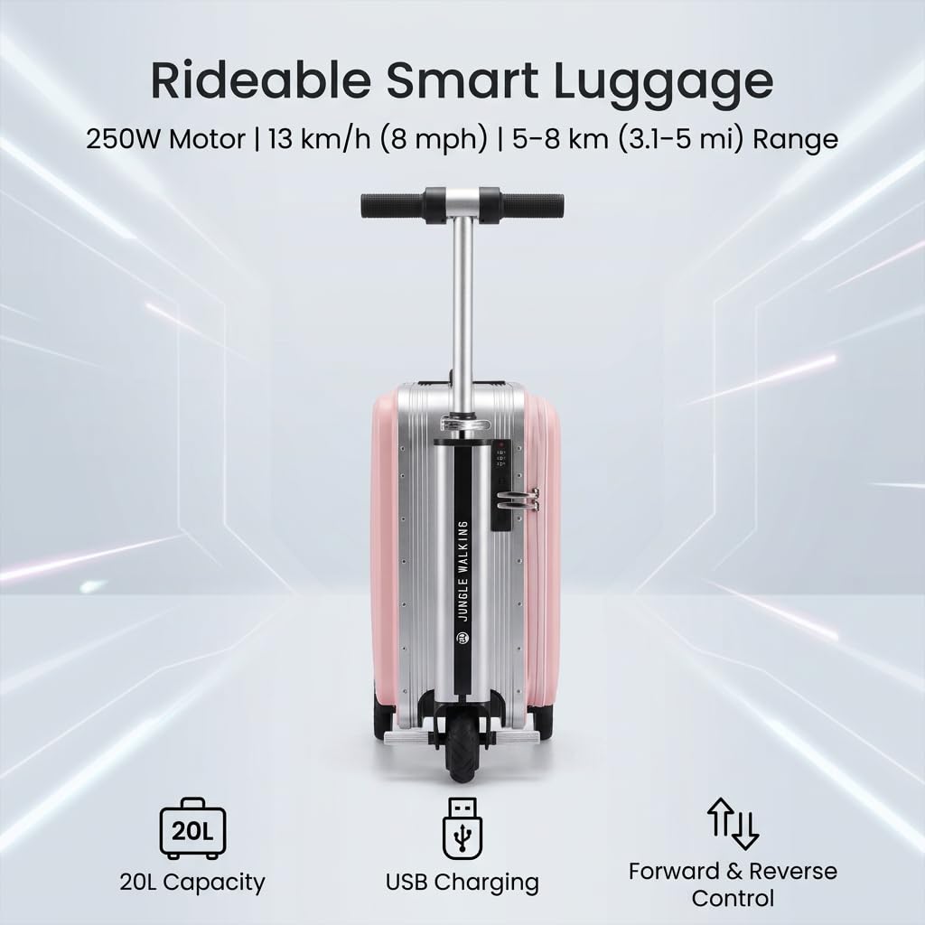 Pink Rideable Suitcase for Adults & Kids, 20" Carry On Electric Luggage with 250W Motor, 8 MPH, 5 Miles Range, Removable 93.6Wh Battery, TSA Lock, USB Charging, Max Load 240 lbs