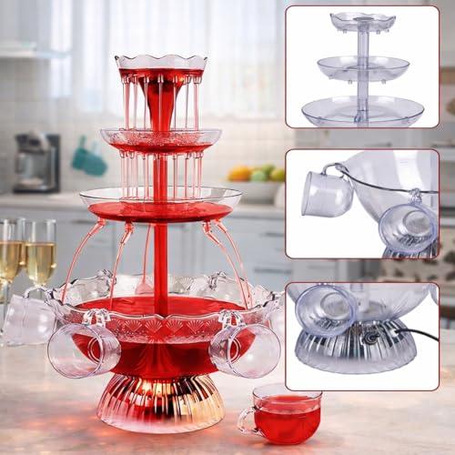 3-Tier Red Cocktail Fountain Drink Machine with LED Base and 5 Cups – Electric Drink Dispenser for Wine and Champagne at W...