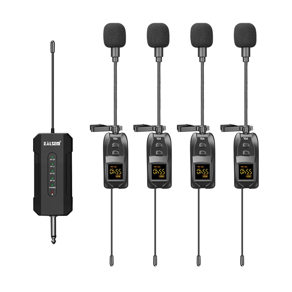 Ealsem Es-384 4-Ch Uhf Wireless Lapel Microphone System - 164Ft Range, Rechargeable Receiver, Plug-And-Play For Presentations -