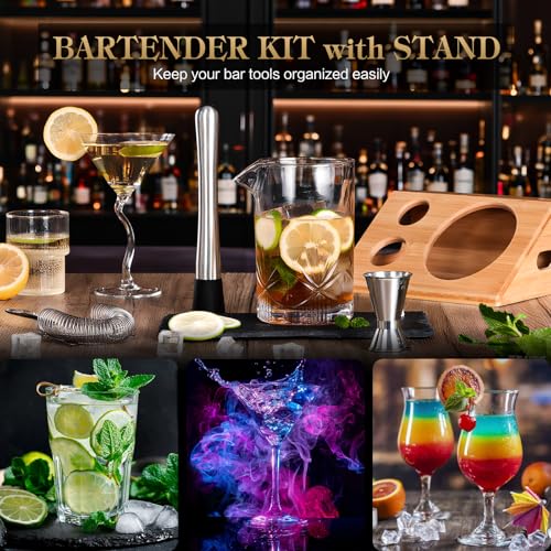 Cocktail Mixing Glass, veecom 6 Piece Crystal Bar Mixing Glass Bartender Set with Bamboo Stand, 18oz Old Fashioned Kit Coc...