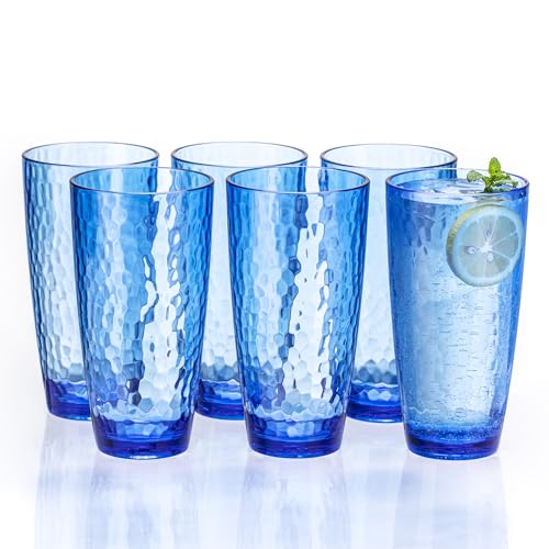 MIYOPESI 26oz Blue Acrylic Glasses Drinkware (Set of 6), Hammered Design Shatter-Proof Plastic Cups, Reusable Plastic Larg...