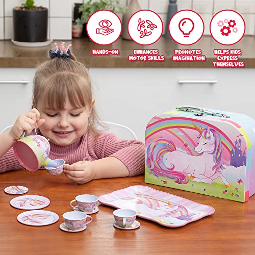 JOYIN Unicorn Tea Party Set for Little Girls, Pretend Pink Tin Teapot Set, Princess Tea Time Play Kitchen Toy with Teapot,...