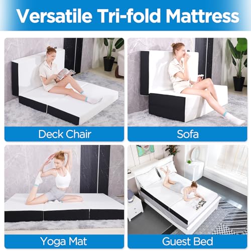Roxzo 6" Cot Tri-Fold Memory Foam Folding Mattress Topper with Washable Cover - Cooling Mattress Pad for College Dorm, Sin...